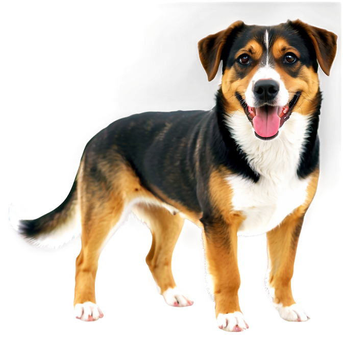 a brown and black dog standing next to a white wall