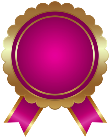 a gold medal with a pink ribbon around it