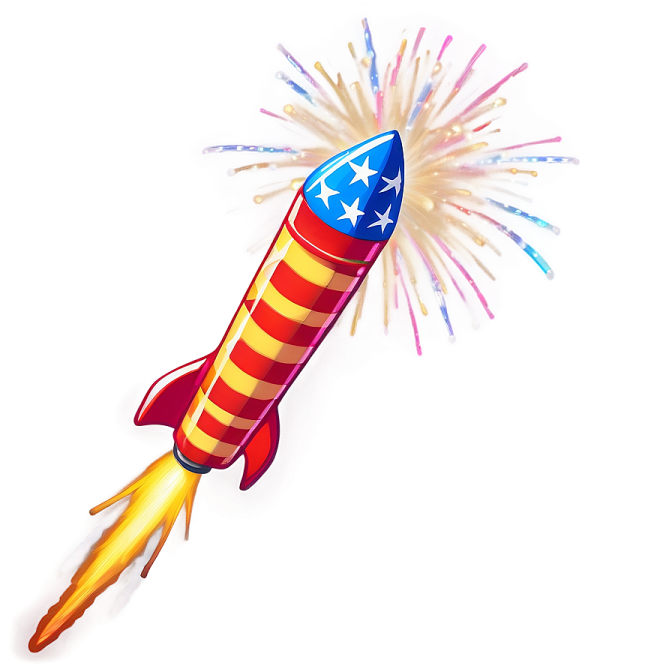 a red, white and blue rocket with stars on it
