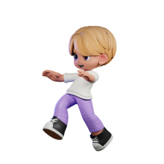 a cartoon character in purple pants and white shirt