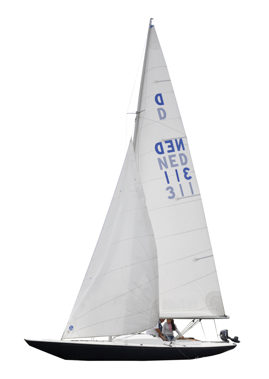 a white sail boat with blue letters on it
