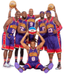 a group of basketball players posing for a photo