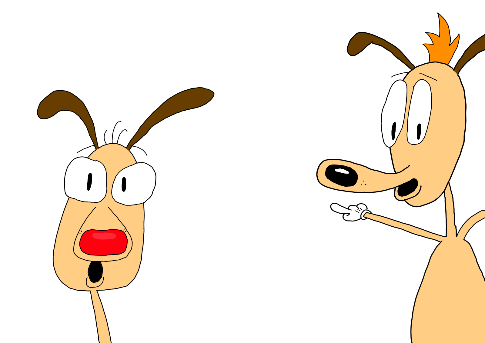 two cartoon dogs with one pointing at the other