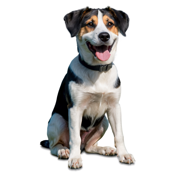 a black and white dog sitting with its tongue out
