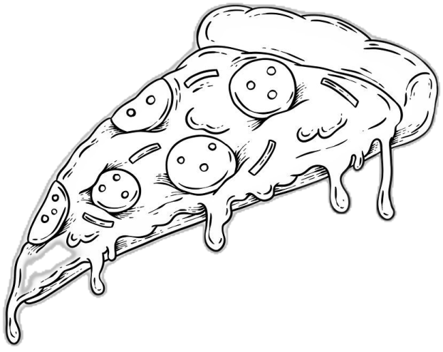 a black and white drawing of a slice of pizza