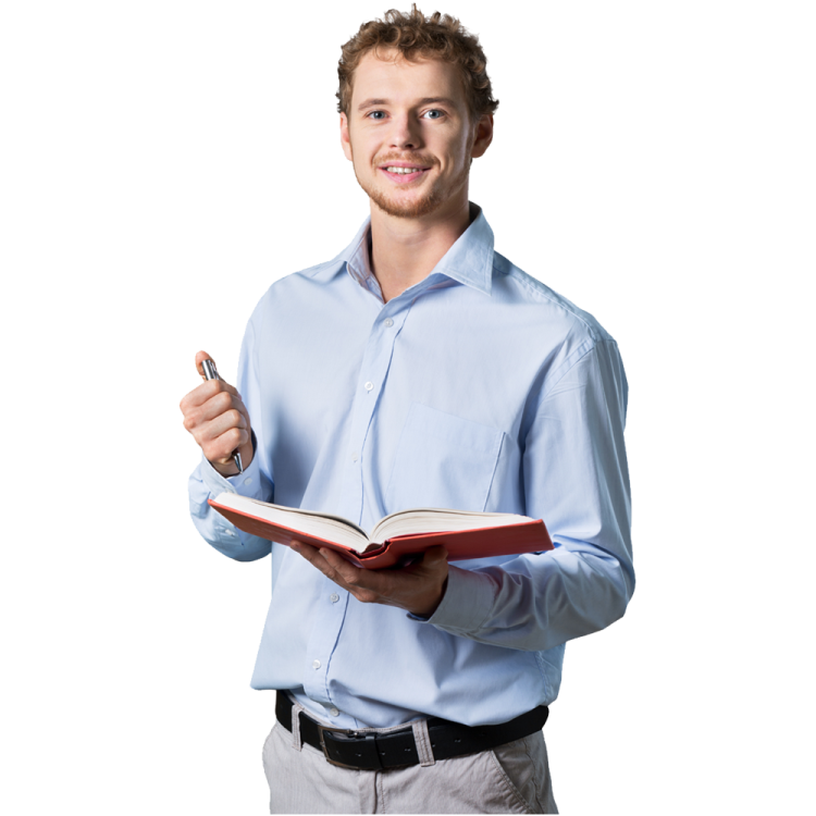 a man in a blue shirt holding a book