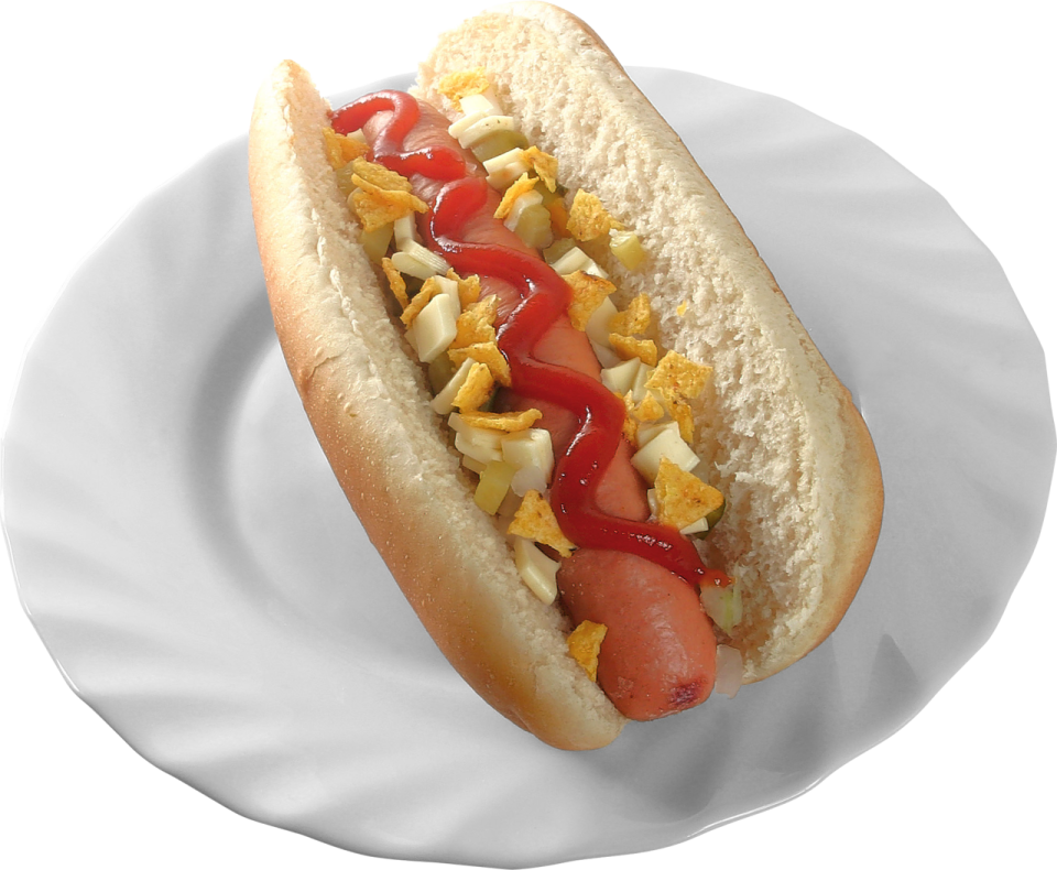 a hot dog on a white plate