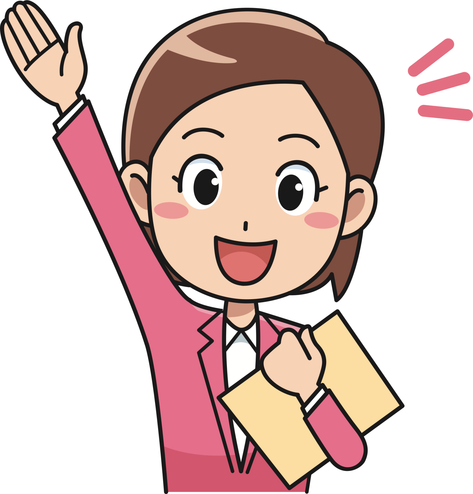a woman in a pink suit raising her hand
