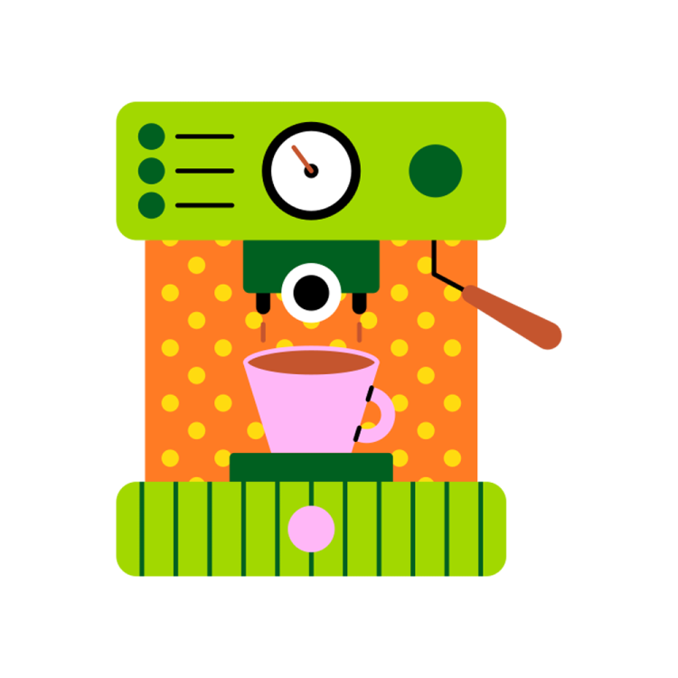 a green robot holding a cup of coffee