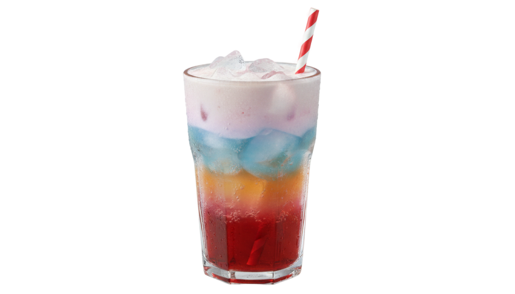 a red, white and blue drink in a tall glass