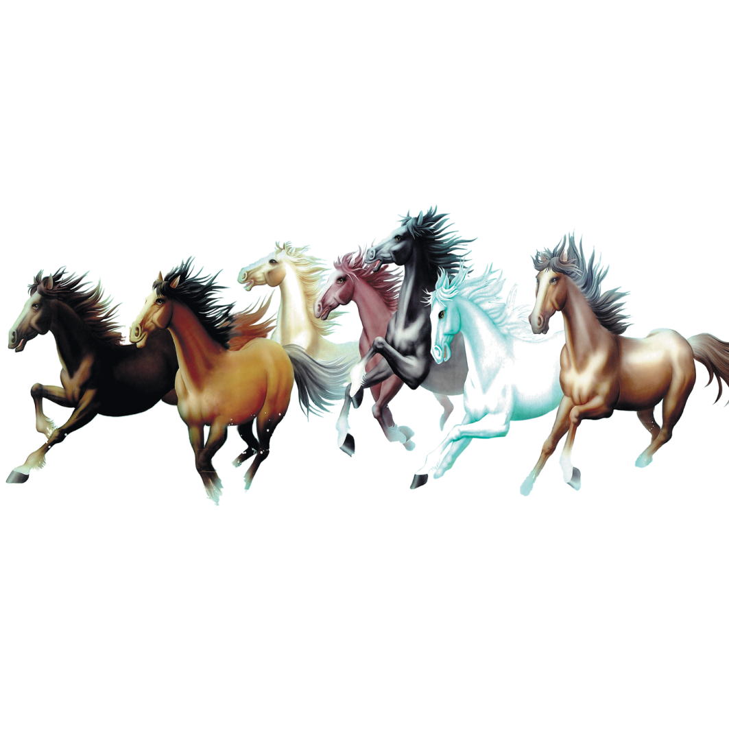 a group of horses running in a row