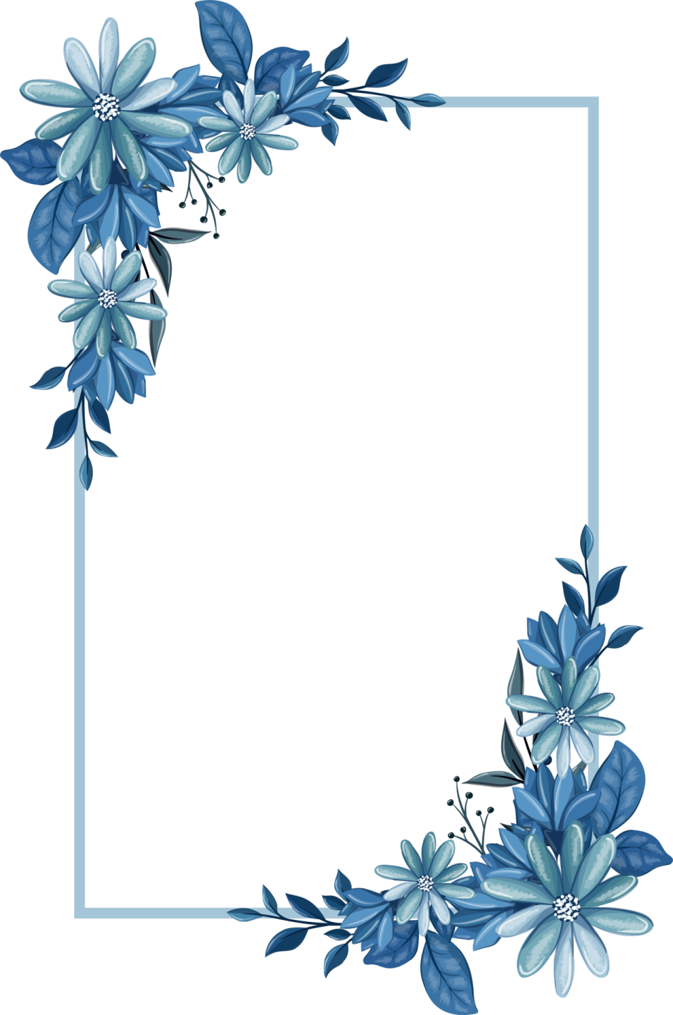 a floral frame with blue flowers and leaves
