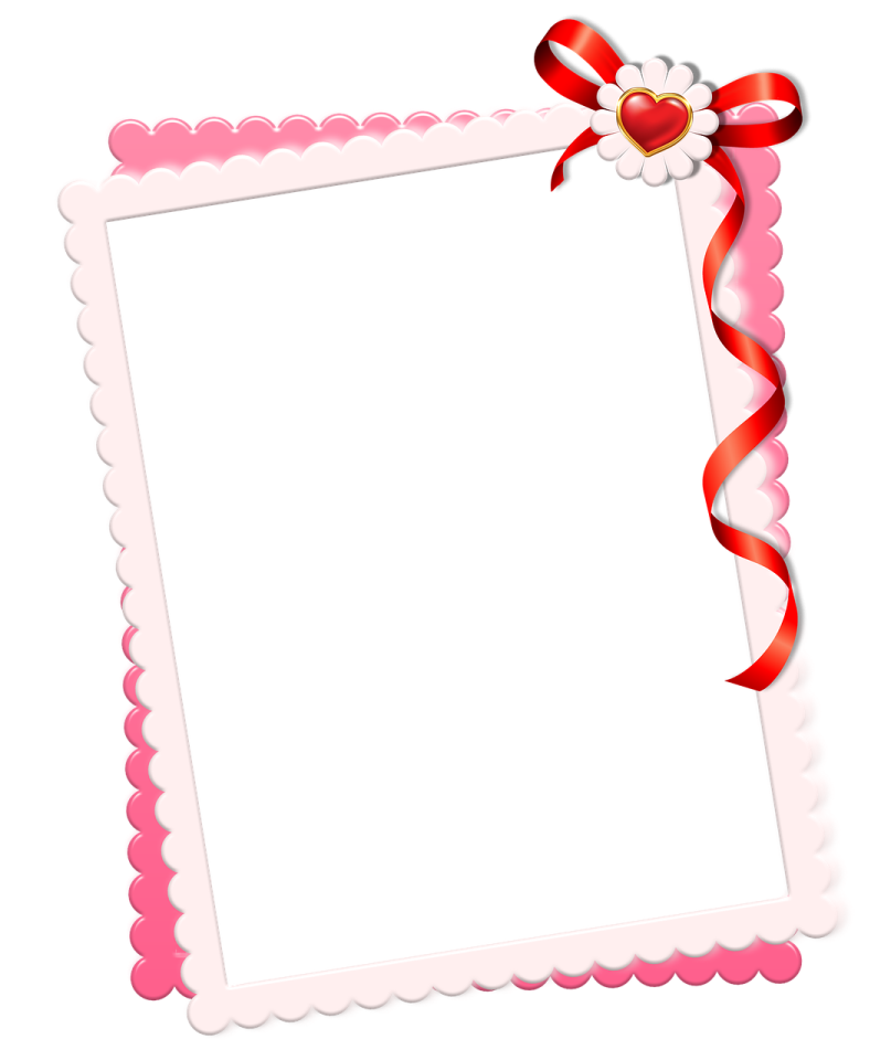 a pink frame with red ribbon and bow