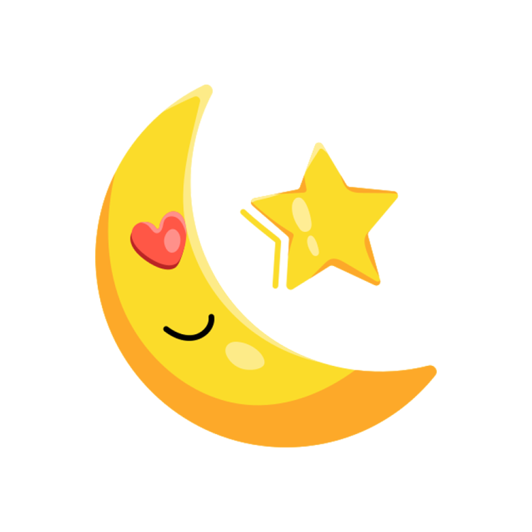a yellow crescent with a smiling face and a star