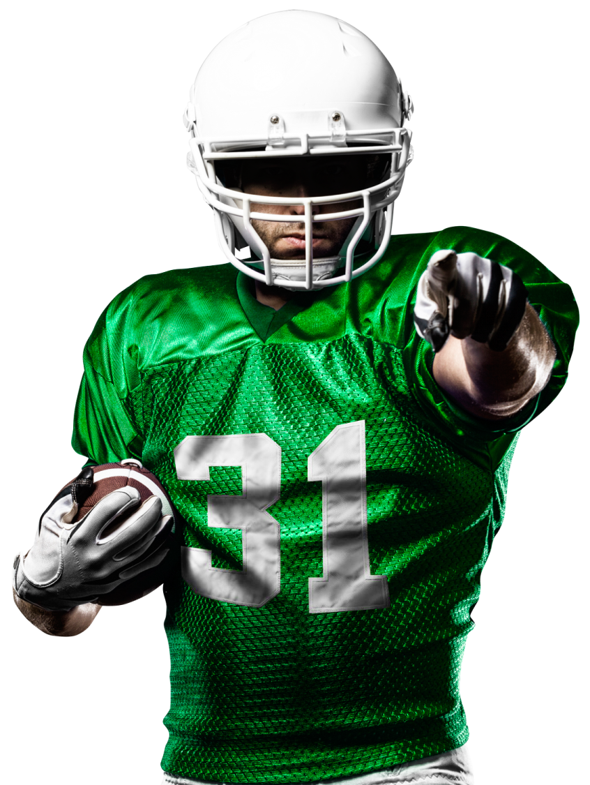 a football player wearing a green uniform and holding a ball