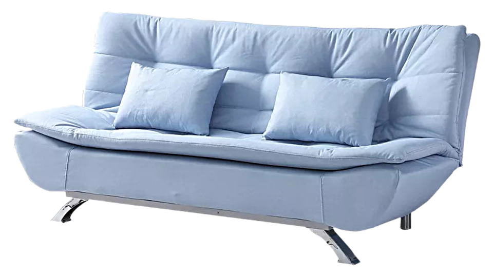 a blue sofa with two pillows on it