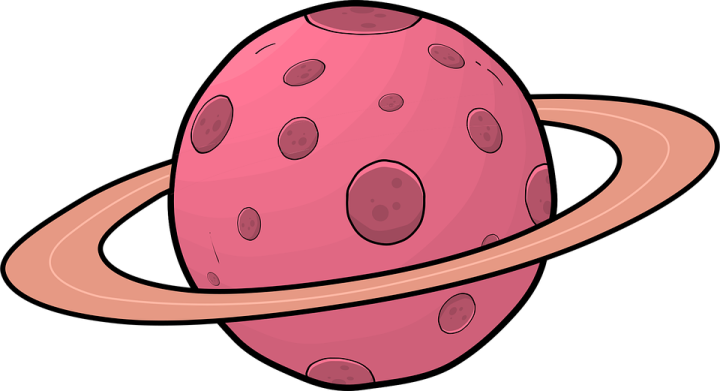 an illustration of a pink planet with a ring around it
