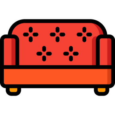 a red couch with black dots on it