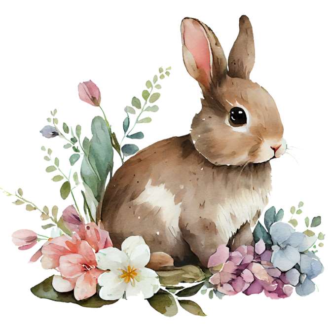 a watercolor painting of a rabbit surrounded by flowers