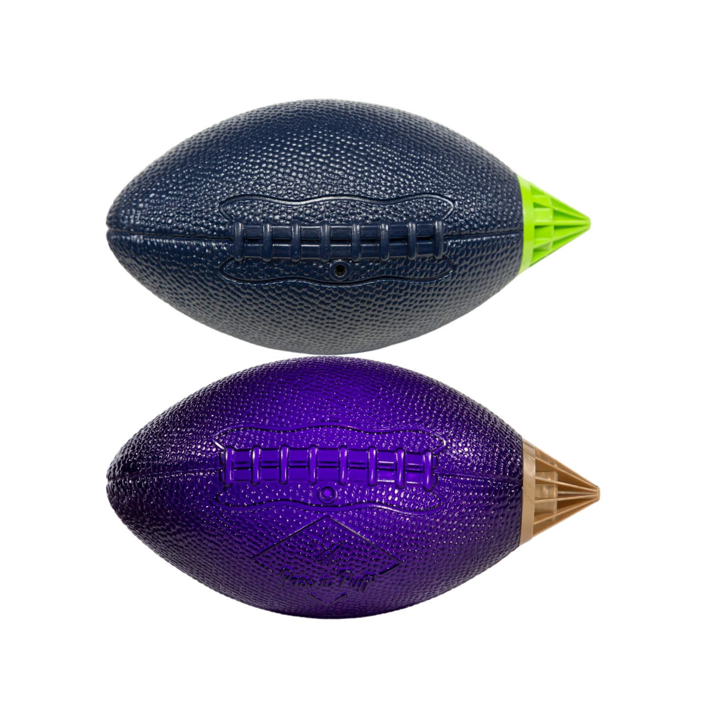two footballs with green and purple colors