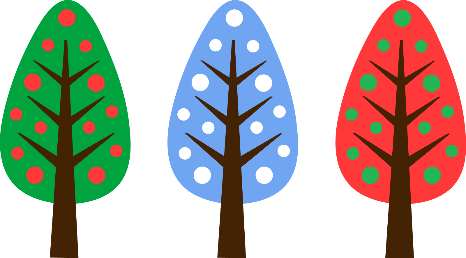 four trees with different colors and shapes