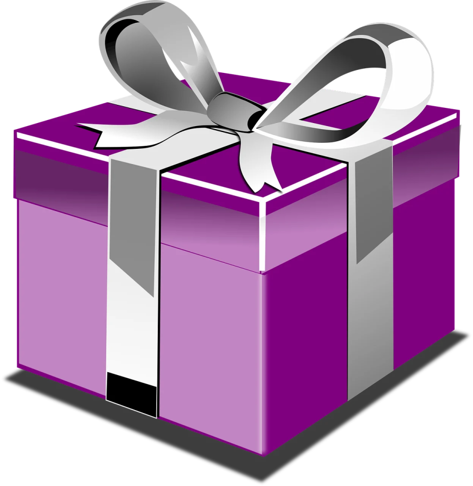 a purple gift box with a silver bow