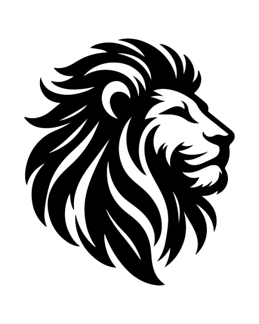 a lion head with black and white lines