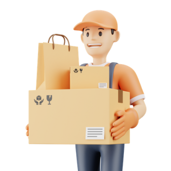 a man holding a cardboard box and smiling