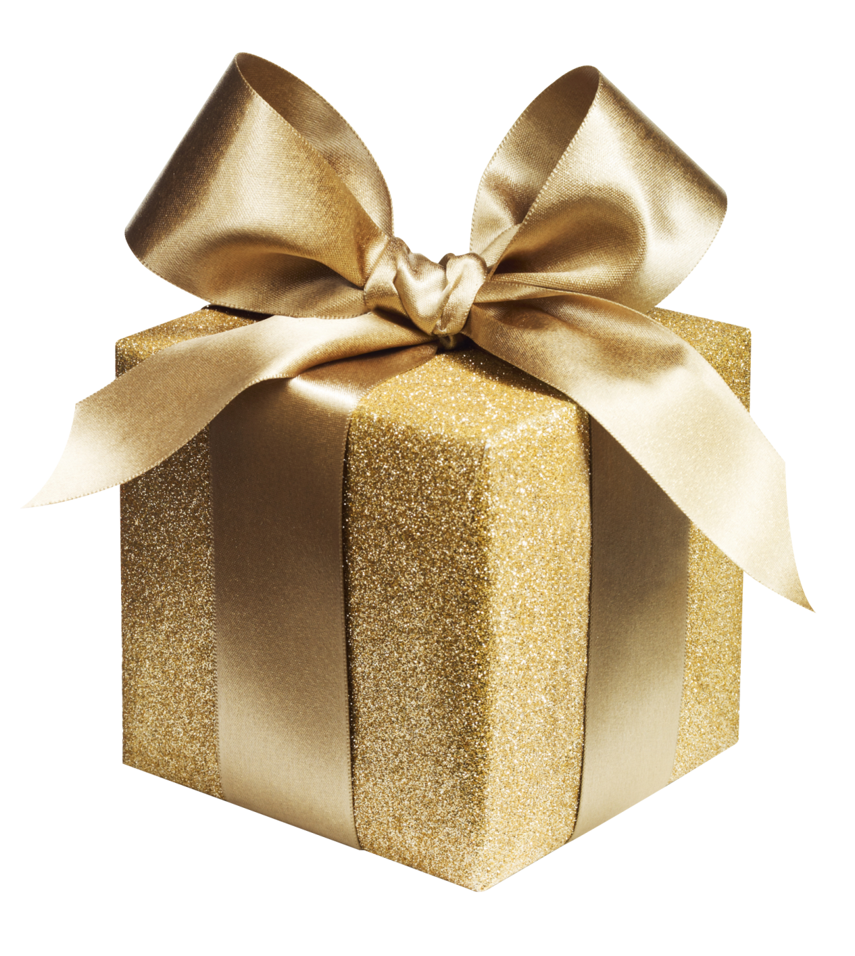 a gold gift box with a bow