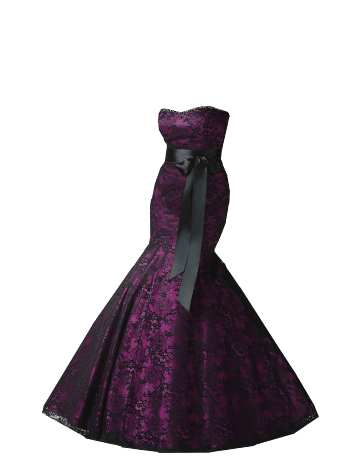 a purple dress with a black bow on the waist