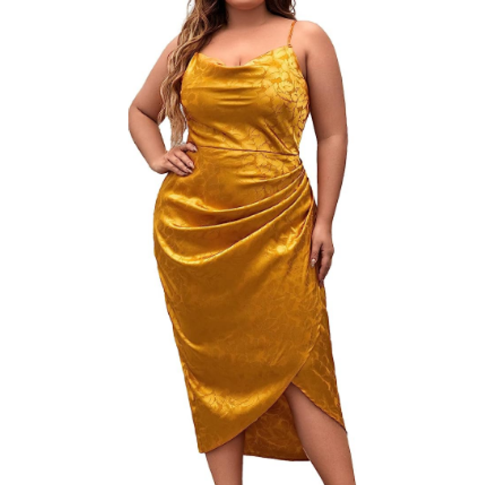 a woman in a mustard colored dress