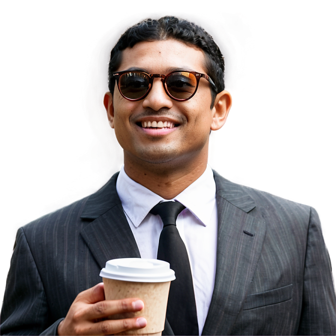 a man in a suit holding a cup of coffee