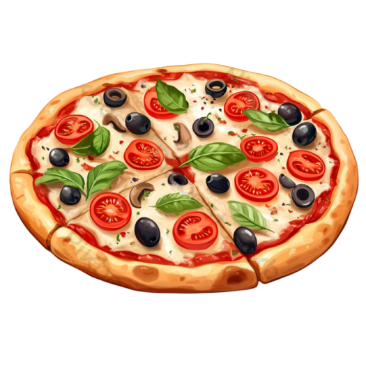a pizza with olives and tomatoes on it