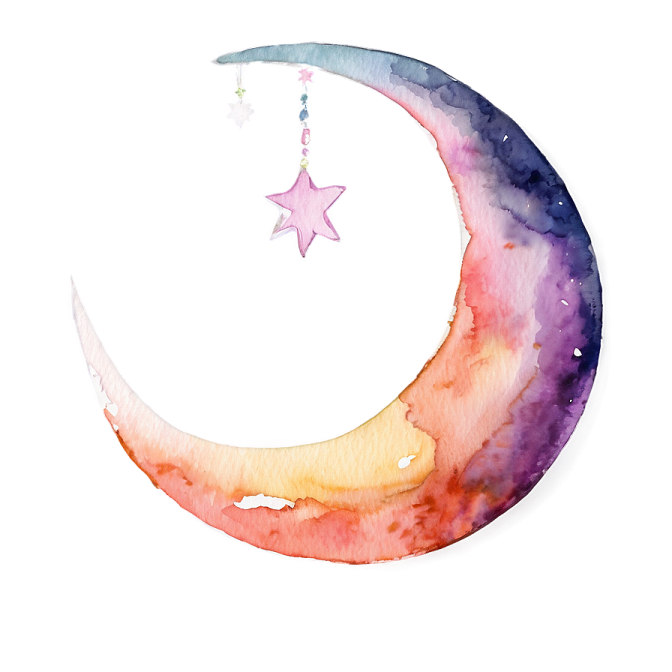 a watercolor painting of a crescent and star