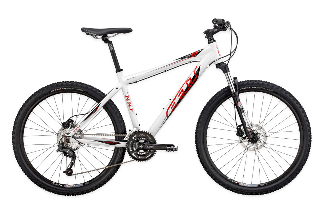 a white mountain bike with red and black accents