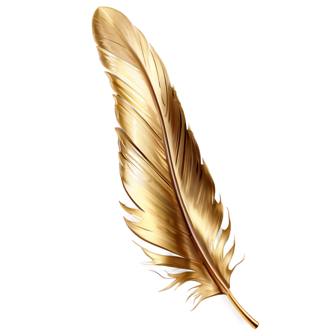 a golden feather on a white background
