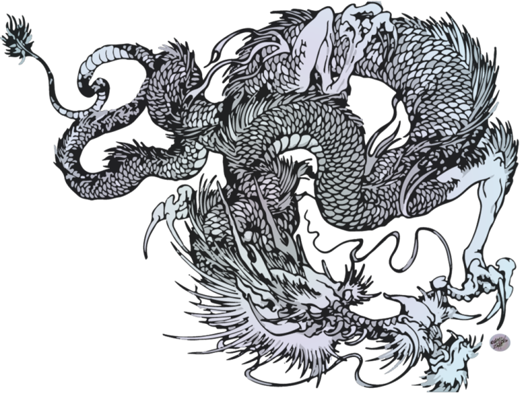 a black and white drawing of a dragon