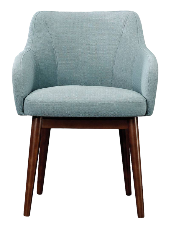 a light blue chair with wooden legs