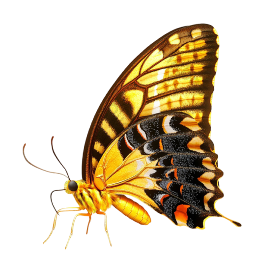 a yellow and black butterfly on a white background