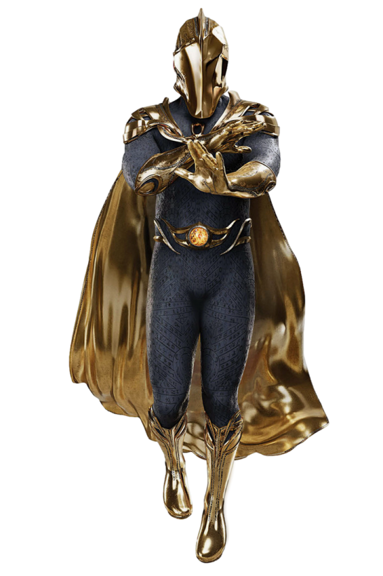 a gold and black superhero figure with a cape