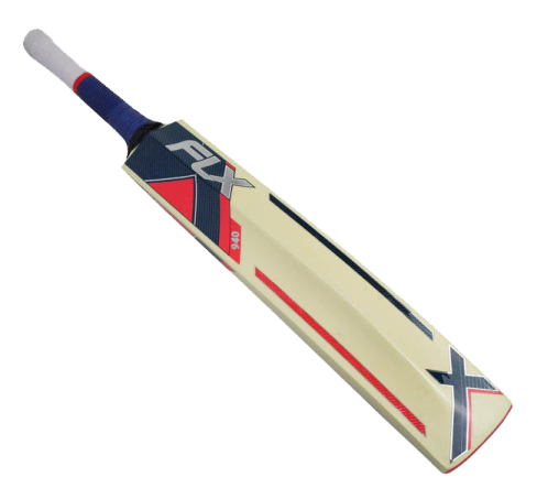 a cricket bat with a blue and red stripe