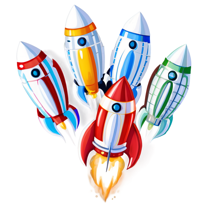 a bunch of colorful rockets on a white background