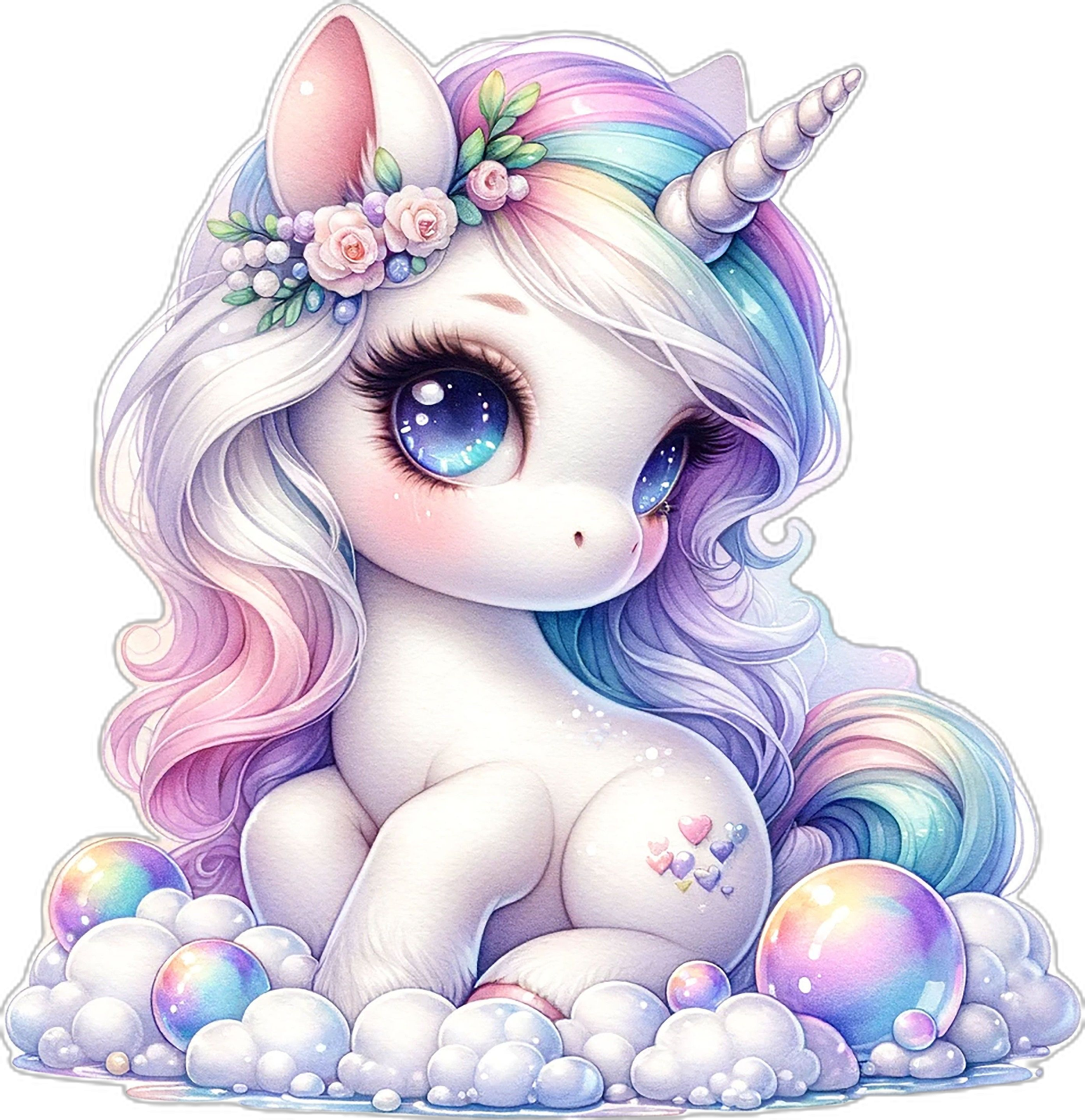 a cute unicorn sitting in the clouds with her eyes closed