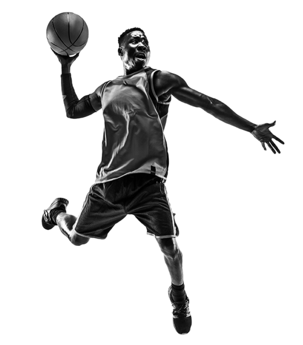 a black and white photo of a basketball player