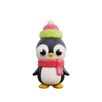 a small penguin wearing a scarf and hat