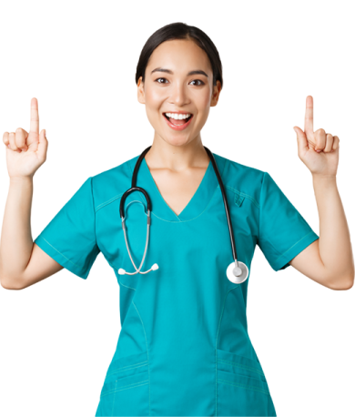 a woman in scrubs with her hands up