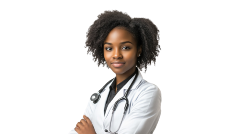a female doctor standing with her arms crossed