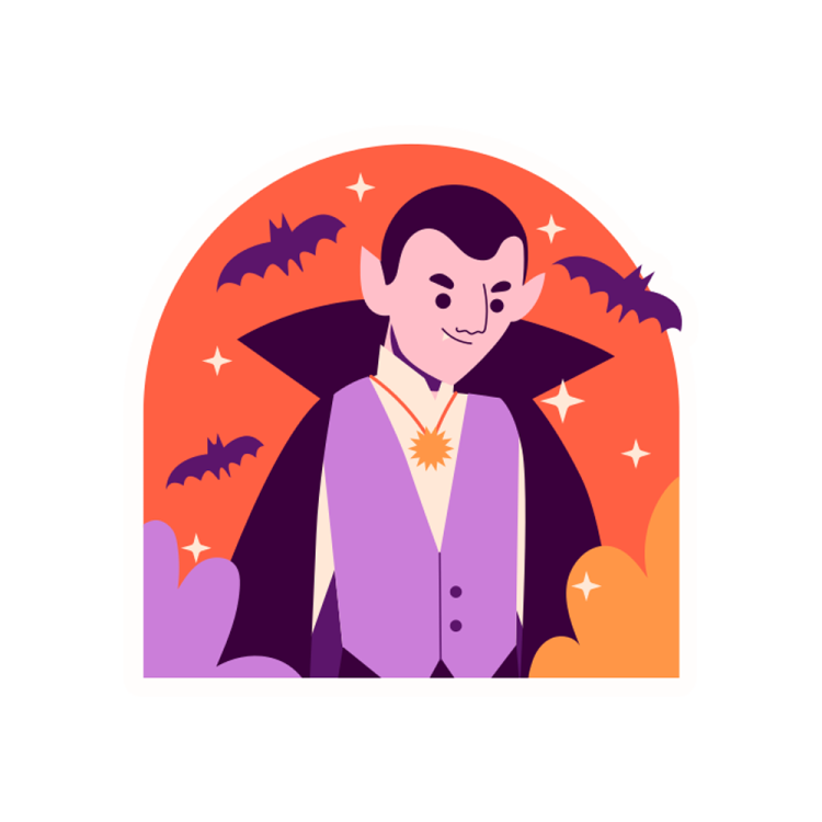 a man in a purple suit with bats around him