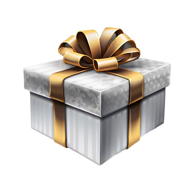 a white gift box with gold ribbon and bow