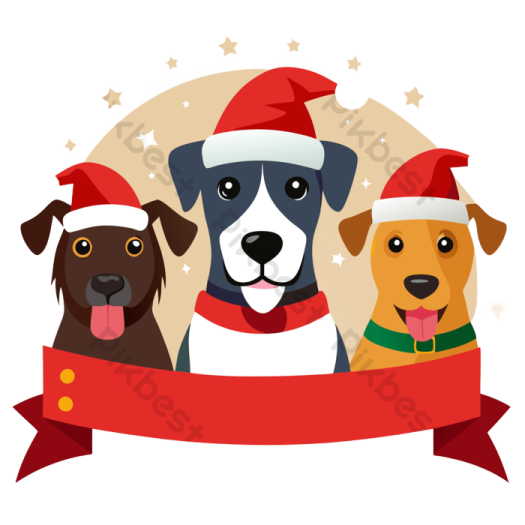 three dogs in santa hats with a banner